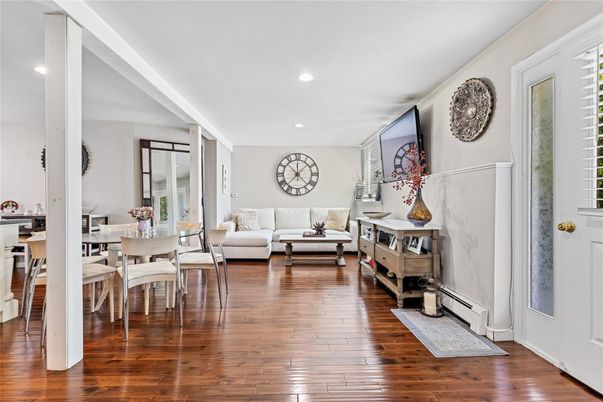 Dining room, Interior, Living room, Recessed Lighting, Wood Texture Flooring