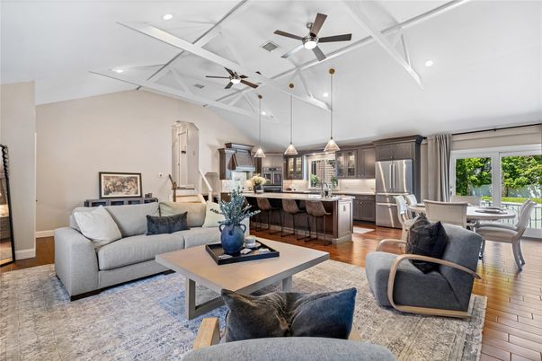 Dining room, Interior, Kitchen, Living room, Pendant Lights, Recessed Lighting, Stainless Steel Appliances, Wood Texture Flooring