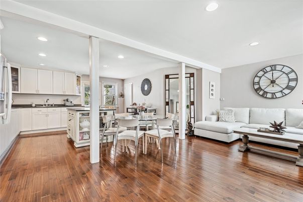 Dining room, Interior, Kitchen, Living room, Recessed Lighting, Wood Texture Flooring