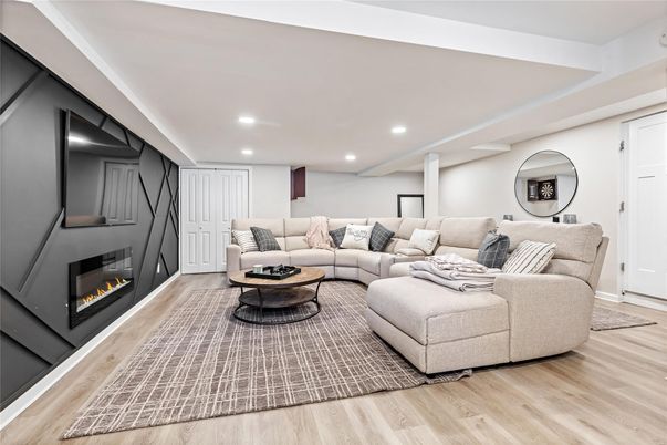 Fireplace, Interior, Living room, Recessed Lighting, Wood Texture Flooring