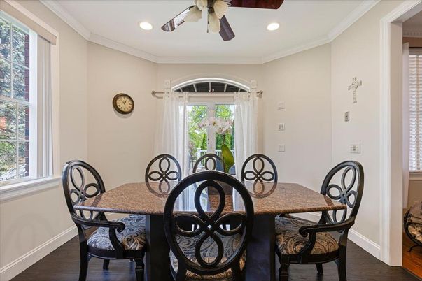 Dining room, Interior, Recessed Lighting, Wood Texture Flooring