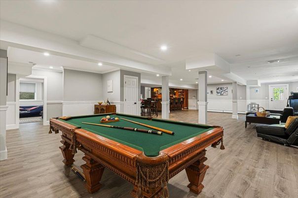 Billiard Table, Game Room, Interior, Recessed Lighting, Wood Texture Flooring