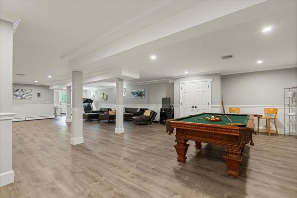 Billiard Table, Game Room, Interior, Recessed Lighting, Wood Texture Flooring