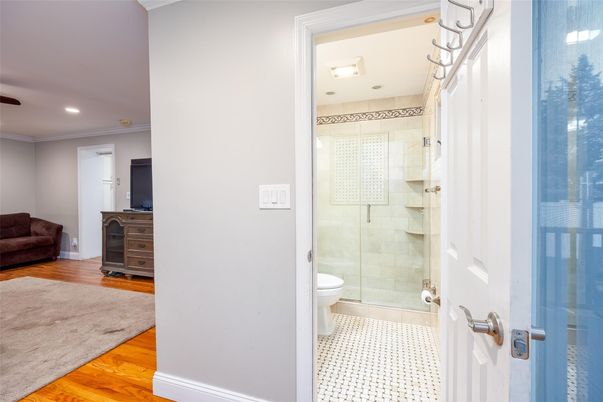 Bathroom, Glass Shower, Interior, Recessed Lighting, Wood Texture Flooring