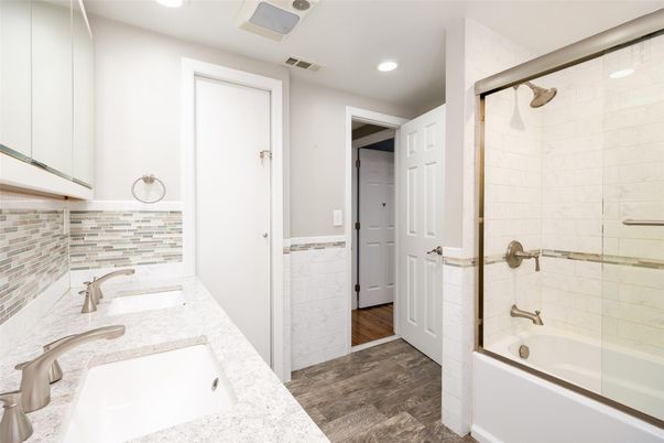 Bathroom, Glass Shower, Interior, Recessed Lighting, Wood Texture Flooring