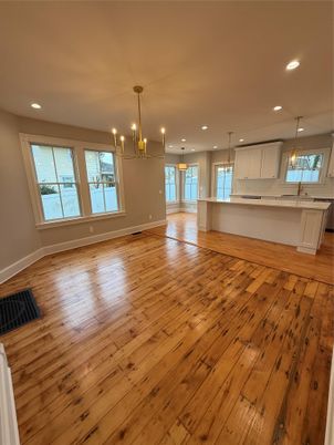 Empty room, Interior, Kitchen, Pendant Lights, Recessed Lighting, Wood Texture Flooring