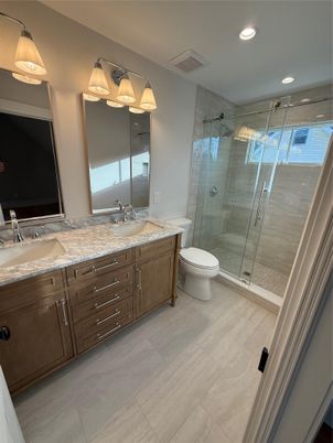 Bathroom, Dual Sink Vanities, Glass Shower, Interior, Recessed Lighting