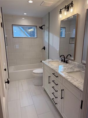Bathroom, Dual Sink Vanities, Glass Shower, Interior, Marble, Recessed Lighting