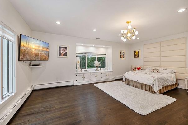 Bedroom, Interior, Pendant Lights, Recessed Lighting, Wood Texture Flooring