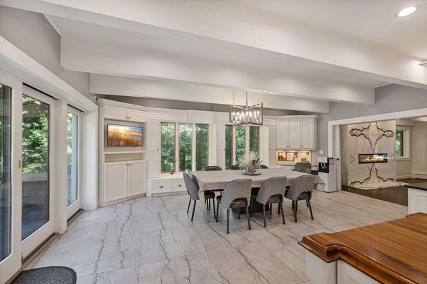 Dining room, Fireplace, Interior, Marble, Pendant Lights, Recessed Lighting