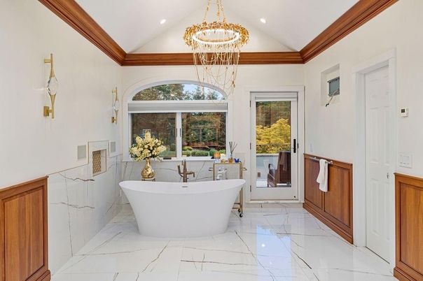 Bathroom, Chandelier, Free Standing Baths, Interior, Marble, Marble Walls, Recessed Lighting