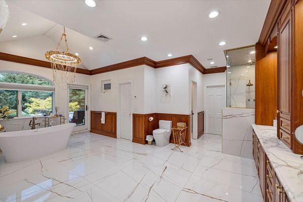 Bathroom, Chandelier, Free Standing Baths, Glass Shower, Interior, Marble, Marble Walls, Recessed Lighting