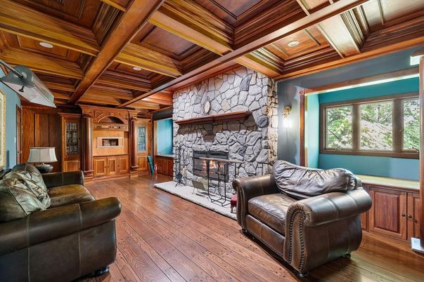 Fireplace, Interior, Living room, Recessed Lighting, Stone Walls, Wooden Beams, Wooden Ceilings, Wood Texture Flooring, Wooden Walls