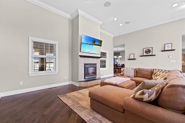 Dining room, Fireplace, Interior, Living room, Pendant Lights, Recessed Lighting, Wood Texture Flooring