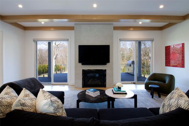 Fireplace, Interior, Living room, Recessed Lighting, Wood Texture Flooring