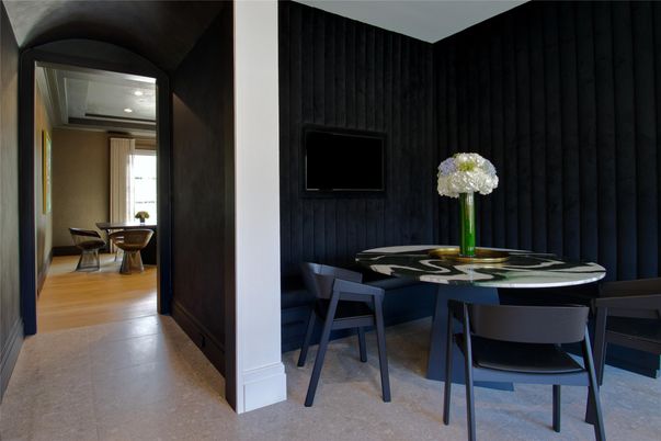 Dining room, Interior, Recessed Lighting, Wood Texture Flooring