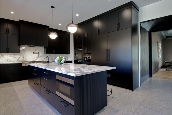 Interior, Kitchen, Marble Walls, Pendant Lights, Recessed Lighting