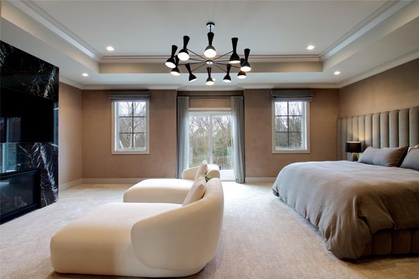 Bedroom, Fireplace, Interior, Pendant Lights, Recessed Lighting