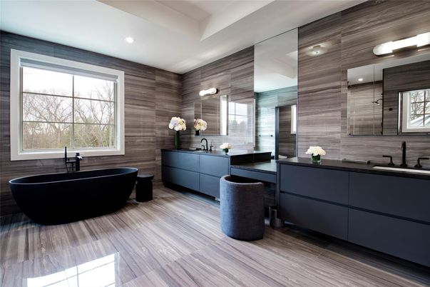 Bathroom, Dual Sink Vanities, Free Standing Baths, Interior, Recessed Lighting, Wood Texture Flooring