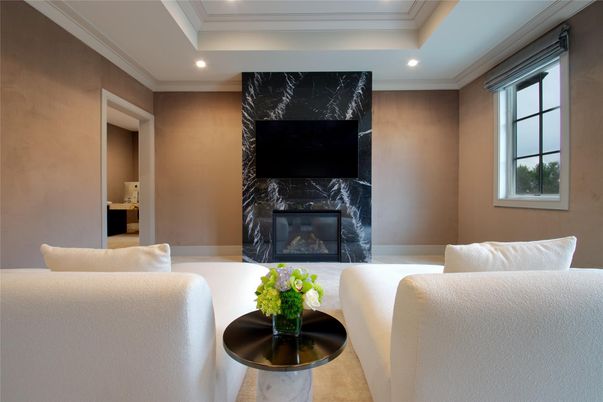 Fireplace, Interior, Living room, Marble Walls, Recessed Lighting