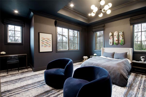 Bedroom, Interior, Pendant Lights, Recessed Lighting, Wood Texture Flooring