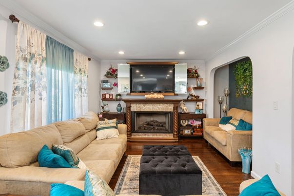 Fireplace, Interior, Living room, Recessed Lighting, Wood Texture Flooring
