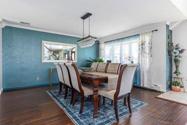 Dining room, Interior, Pendant Lights, Wood Texture Flooring