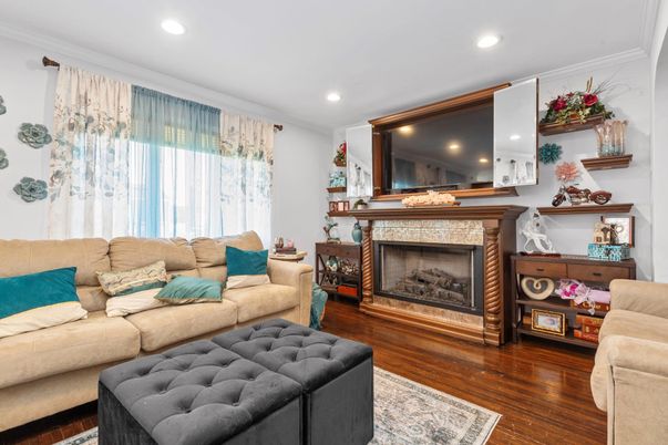 Fireplace, Interior, Living room, Recessed Lighting, Wood Texture Flooring