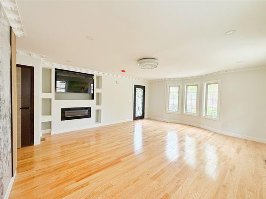 Empty room, Fireplace, Interior, Recessed Lighting, Wood Texture Flooring