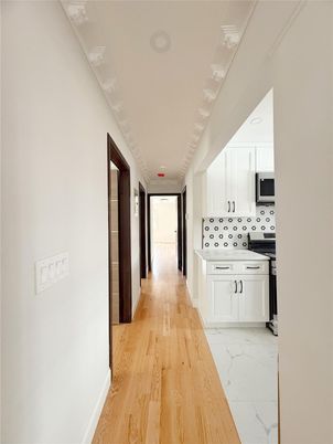 Interior, Kitchen, Marble, Recessed Lighting, Wood Texture Flooring