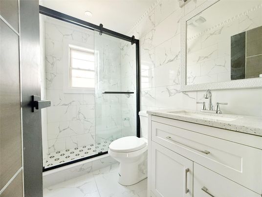 Bathroom, Glass Shower, Interior, Marble, Marble Walls, Recessed Lighting