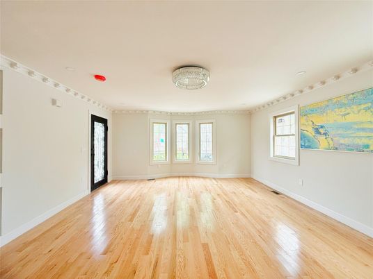 Chandelier, Empty room, Interior, Recessed Lighting, Wood Texture Flooring