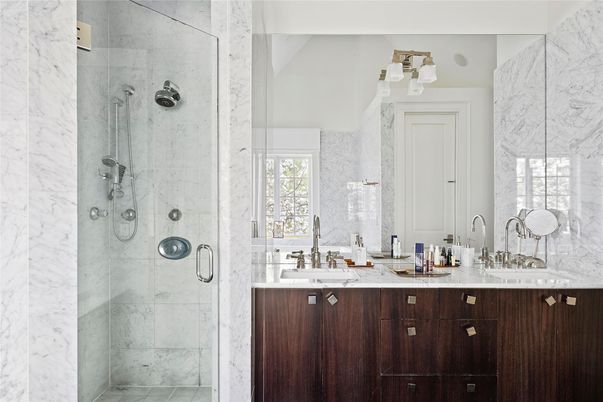 Bathroom, Dual Sink Vanities, Glass Shower, Interior, Marble Walls