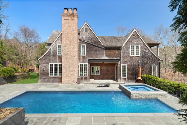 Exterior, Facade, Brick Facade, Pool, Tudor Revival