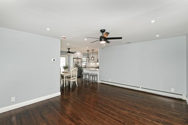 Dining room, Empty room, Interior, Kitchen, Recessed Lighting, Wood Texture Flooring