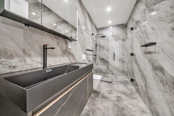 Bathroom, Glass Shower, Interior, Marble Walls, Recessed Lighting