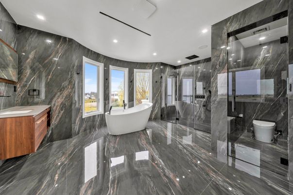 Bathroom, Dual Sink Vanities, Free Standing Baths, Glass Shower, Interior, Marble, Marble Walls, Recessed Lighting