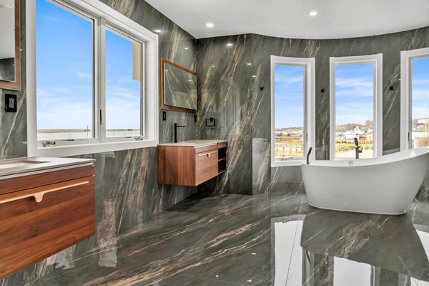 Bathroom, Free Standing Baths, Interior, Marble, Marble Walls, Recessed Lighting