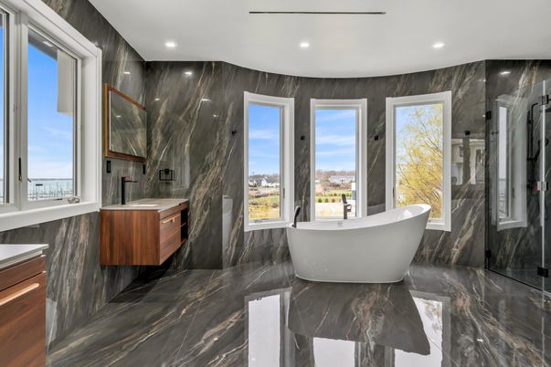 Bathroom, Dual Sink Vanities, Free Standing Baths, Interior, Marble, Marble Walls, Recessed Lighting