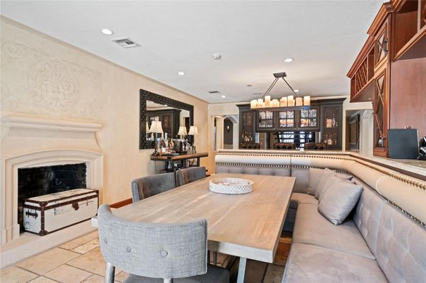 Chandelier, Dining room, Fireplace, Interior, Living room, Recessed Lighting