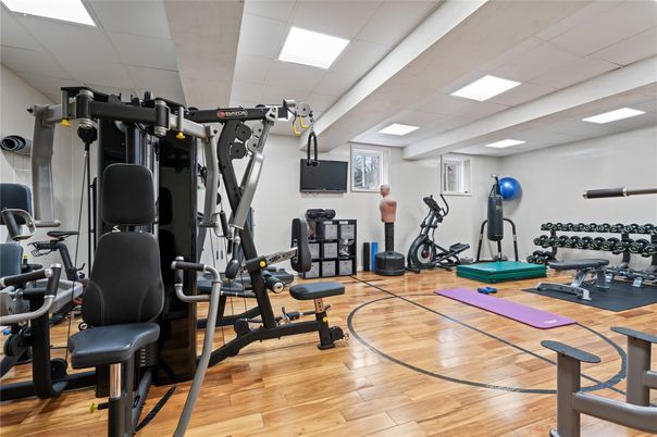 Fitness Equipment, Gym, Interior, Recessed Lighting, Wood Texture Flooring