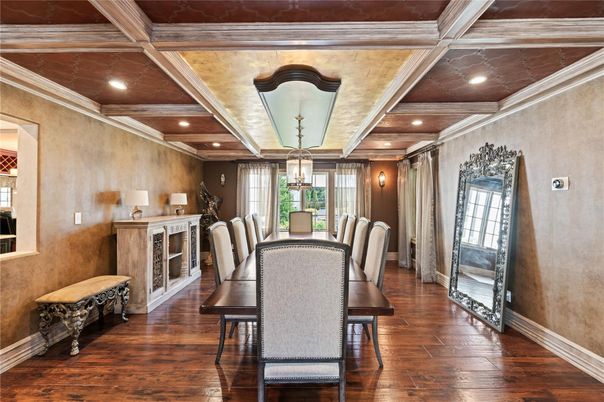 Dining room, Fireplace, Interior, Recessed Lighting, Wooden Beams, Wood Texture Flooring