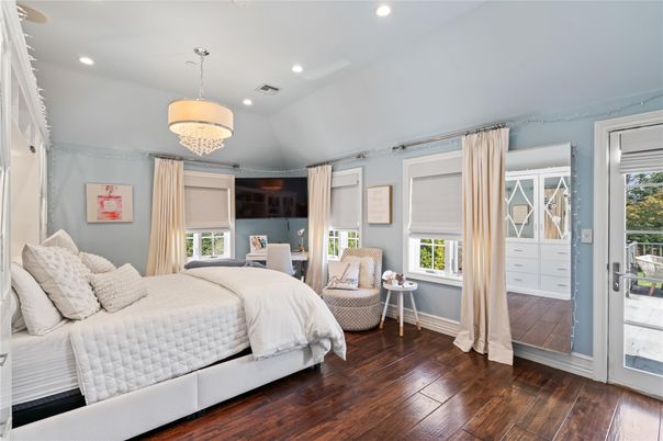 Bedroom, Chandelier, Interior, Recessed Lighting, Wood Texture Flooring
