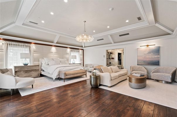 Bedroom, Chandelier, Interior, Living room, Recessed Lighting, Wood Texture Flooring