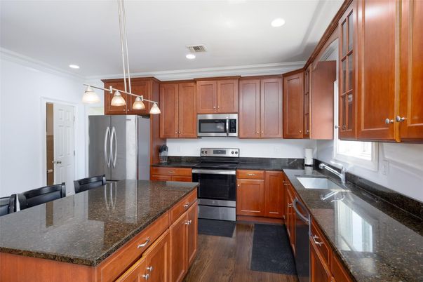 Interior, Kitchen, Pendant Lights, Recessed Lighting, Stainless Steel Appliances, Wood Texture Flooring