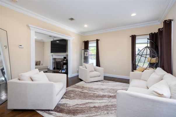 Fireplace, Interior, Living room, Recessed Lighting, Wood Texture Flooring