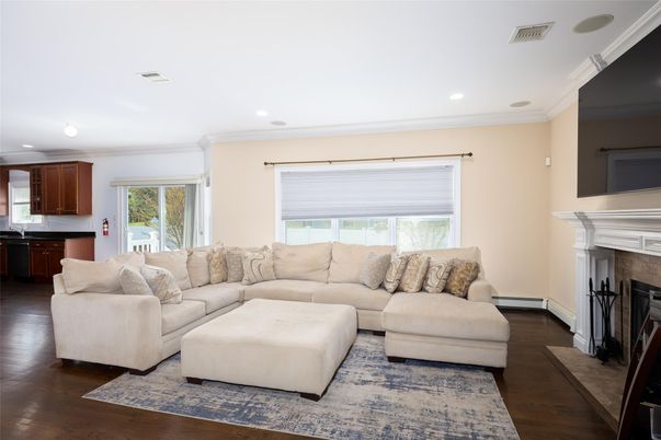 Fireplace, Interior, Living room, Recessed Lighting, Wood Texture Flooring