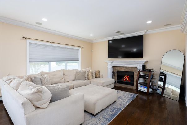 Fireplace, Interior, Living room, Recessed Lighting, Wood Texture Flooring