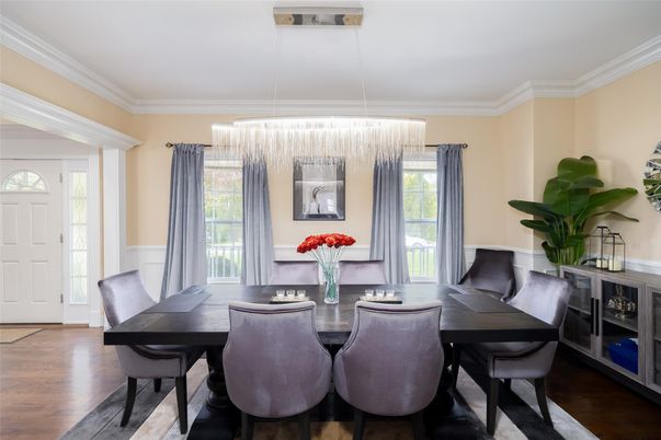 Chandelier, Dining room, Interior, Wood Texture Flooring