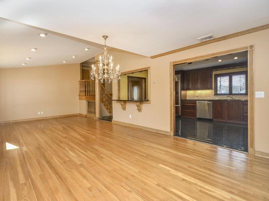 Chandelier, Empty room, Interior, Kitchen, Recessed Lighting, Stainless Steel Appliances, Wood Texture Flooring